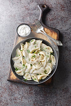 Boiled dumplings small pierogi or uszka filled with wild forest mushrooms and cabbage closeup on the plate. Vertical top view