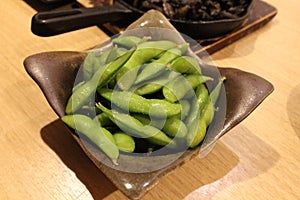 Boiled edamame beans served at izakaya in Beppu