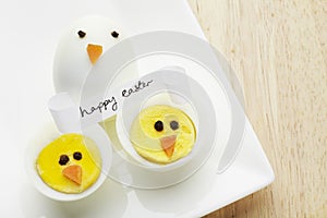 Boiled egg chickens with happy easter message