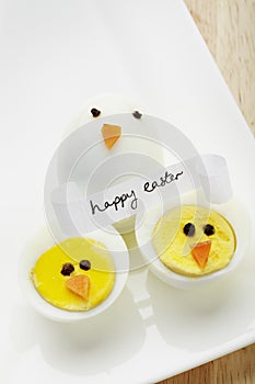 Boiled egg chickens with happy easter message