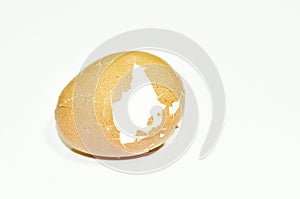 Boiled egg cracked shell out on white background