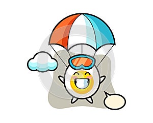 Boiled egg mascot cartoon is skydiving with happy gesture