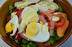 Boiled egg salad dressing mayonnaise in bowl