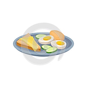 Boiled egg, sandwich with cheese and cucmber on a plate, fresh nutritious breakfast food, design element for menu, cafe