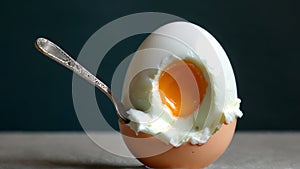 Boiled egg with shell, egg white, egg yolk and spoon sticking in