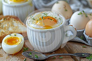 A boiled egg in a white cup with bread and a spoon on a wooden table, a closeup of half boiled eggs on the side. magritte sof