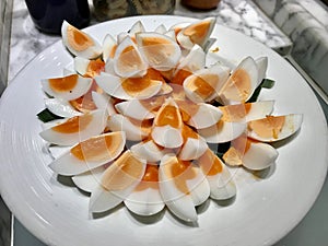Boiled eggs beautifully arranged in half for meals