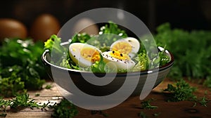 boiled eggs in a bowl with parsley leaves on top