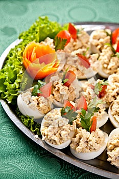 Boiled eggs with fish cream topping