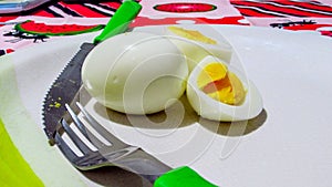 Boiled Eggs on Plate with Cutlery: Fork and knife