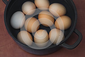 Boiled eggs in pot