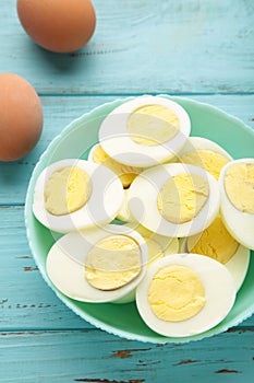Boiled eggs in white ceramic plate on blue background