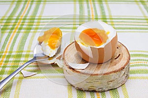 Boiled fresh smash broken egg for the breakfast on the wooden birch stand for eggs. Broken beige hen egg and pieces of shells, bri