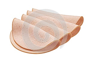 Boiled ham sausage slices isolated on white background, full depth of field