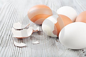 Boiled hen eggs and eggshell