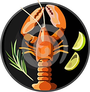 Boiled Lobster Black Dish Food Vector