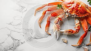 Boiled lobster or snow crab legs and claws on white marble background. Sea food concept