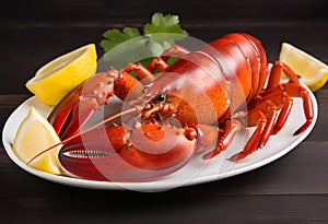 Boiled lobster with vegetables on a black stone plate. Seafood. Top view.