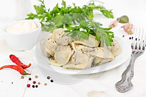 Boiled meat dumplings with sprig of parsley in white plate