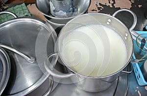 Boiled milk in pot
