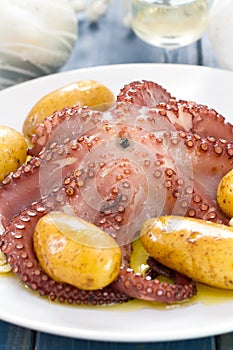 Boiled octopus with potato on white dish