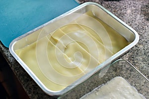 Boiled pasta lay on tray, Top view