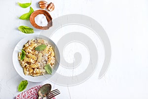 boiled pasta with minced meat and basil