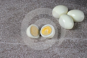 Boiled peeled eggs without shell. Ingredients for cooking.