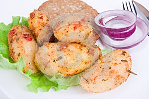 Boiled Potatoes and beef green salad leaves