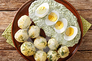 Boiled potatoes, eggs and Frankfurt Green Sauce contains 7 herbs close-up in a plate. horizontal top view