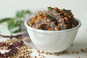 Boiled red cowpea beans stir fried with shallots and garlic. Popular side dish for meals in Kerala commonly called Stir fried