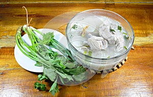 Boiled rice with pork rib hot soup and fresh vegetable