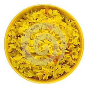 Boiled saffron rice with vegetables in yellow bowl