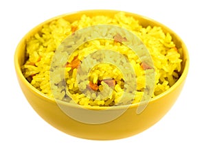 Boiled saffron rice with vegetables in yellow bowl