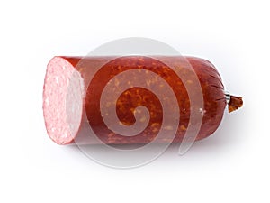 Boiled sausage on a white background. Meat snacks