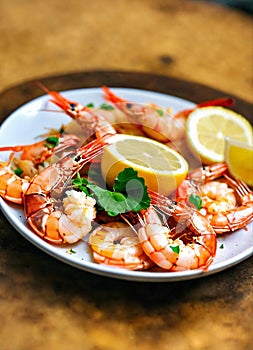 boiled shrimp with lemon. Selective focus.