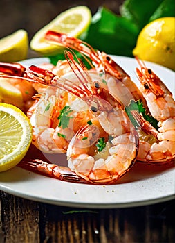 boiled shrimp with lemon. Selective focus.