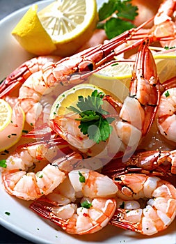 boiled shrimp with lemon. Selective focus.