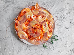 Boiled shrimp plate on concrete backgroundn gourmet