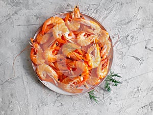 Boiled shrimp plate on concrete backgroundn gourmet photo