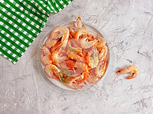 Boiled shrimp plate dinner nutrition on concrete backgroundn gourmet photo