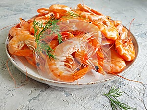 Boiled shrimp plate  nutrition on concrete backgroundn gourmet photo