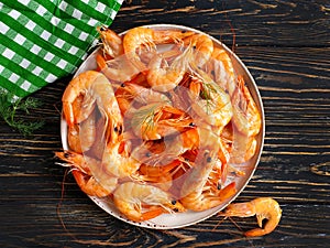 Boiled shrimp plate snack prepared dinner nutrition on wooden backgroundn gourmet
