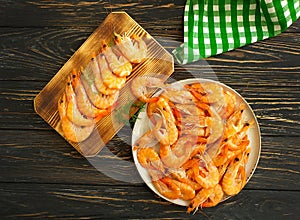 Boiled shrimp plate snack   dinner nutrition on  wooden   backgroundn gourmet photo