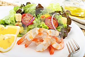 Boiled shrimps with salad