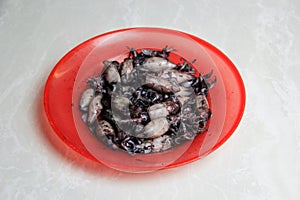 boiled squid on a red plate with a white background
