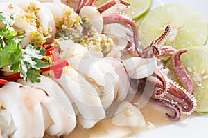 Boiled squid served in white dish