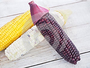 boiled sweet corns on wooden background