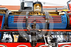 Boiler and chimneys in steam train, detail of mechanism a vintage russian steam train locomotive