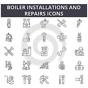Boiler installations and repairs line icons for web and mobile design. Editable stroke signs. Boiler installations and